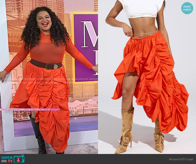 Akira Lets Change It Up Ruched Midi Skirt in Orange worn by Michelle Buteau on Today