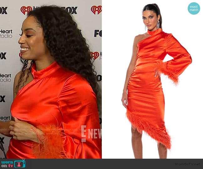 Shop Akira You Love it Feather Trim Satin Midi Dress worn by Francesca Amiker on E! News