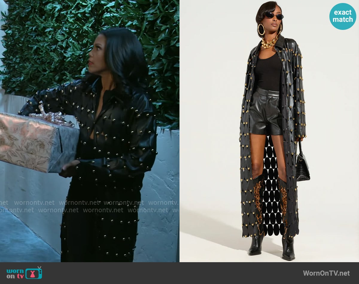 Akira The Sneak Peek Studded PU Long Cardigan worn by Dani Dupree (Karla Mosley) on Beyond the Gates