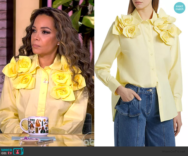 Aknvas Flor Rose-Appliqué Cotton Button-Front Shirt worn by Sunny Hostin on The View