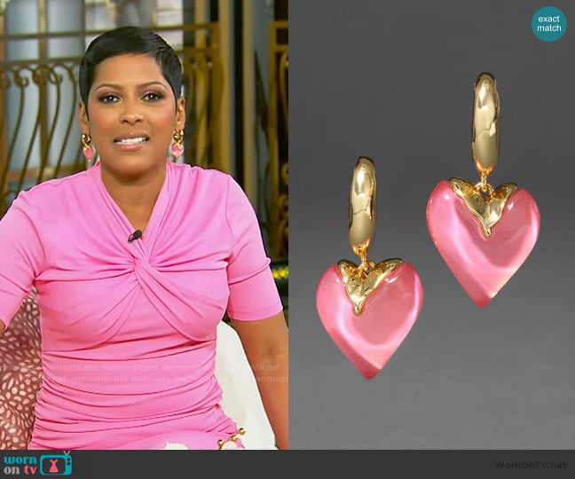 Alexis Bittar Dripping Heart Lucite Hoop Earring- Sweet Melon worn by Tamron Hall on Tamron Hall Show