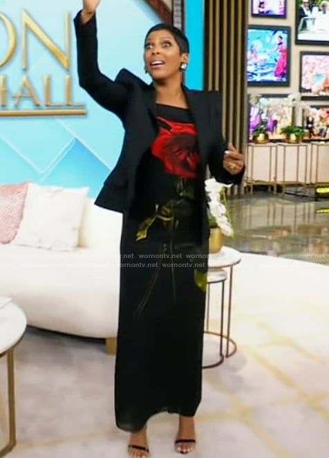 Tamron’s black rose print dress on Tamron Hall Show