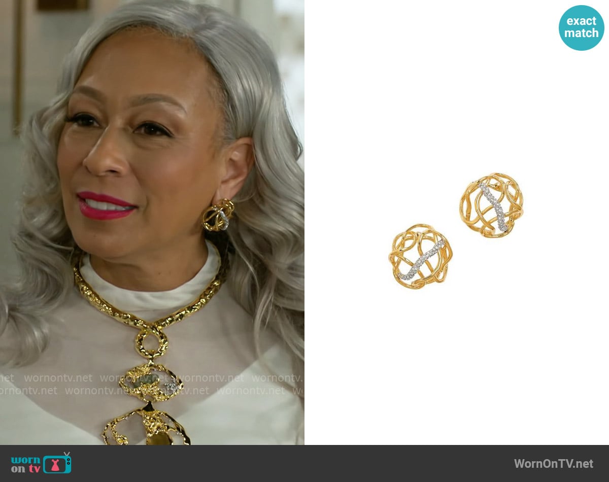Alexis Bittar Solanales Two-Tone & Crystal Twisted Button Stud Earrings worn by Anita Dupree (Tamara Tunie) on Beyond the Gates