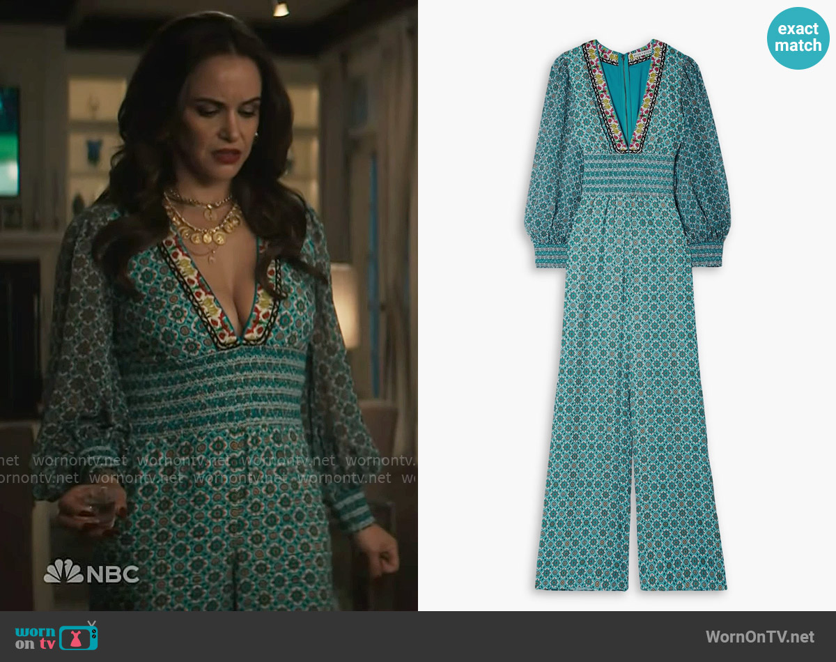 Alice + Olivia Reba printed crepe jumpsuit worn by Birdie (Melissa Fumero) on Grosse Pointe Garden Society