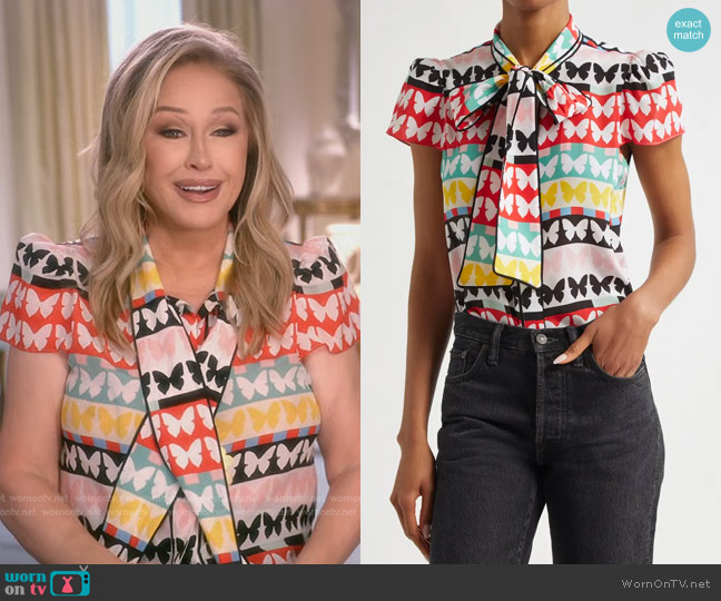 Alice + Olivia Jeannie Butterfly Print Silk Top in Flutters worn by Kathy Hilton on The Real Housewives of Beverly Hills