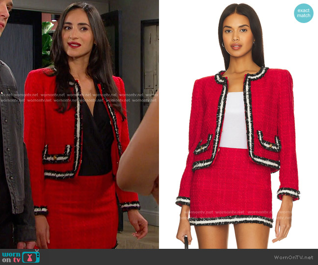 Alice + Olivia Rubi Micro Skirt in Perfect Ruby, Black, & White worn by Gabi Hernandez (Cherie Jimenez) on Days of our Lives