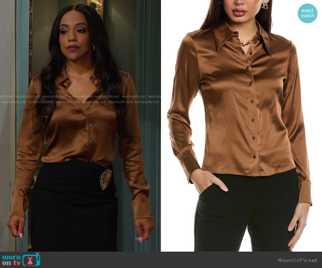 Alice + Olivia 70s Willa Shirt in Brown worn by Jada Hunter (Elia Cantu) on Days of our Lives