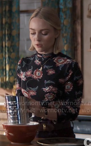 Alice’s black floral turtleneck top on Grosse Pointe Garden Society