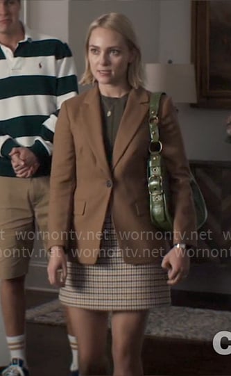 Alice’s brown blazer and checked mini skirt on Grosse Pointe Garden Society