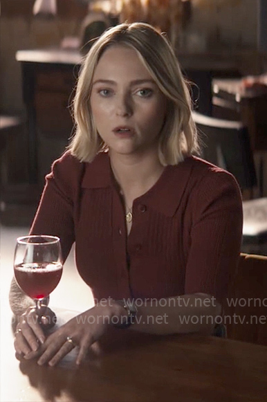 Alice’s burgundy rib knit button front top on Grosse Pointe Garden Society