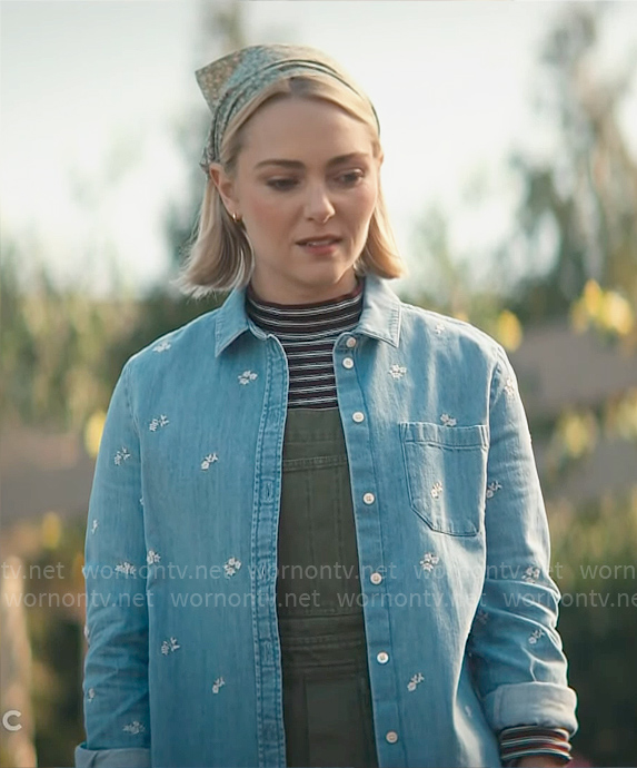 Alice’s floral embroidered denim shirt on Grosse Pointe Garden Society