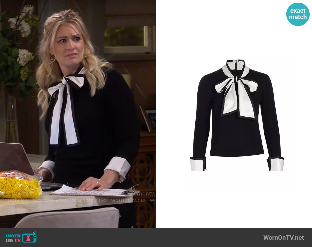 Alice + Olivia Justina Combination Wool Bow Sweater worn by Gemma (Beth Behrs) on The Neighborhood