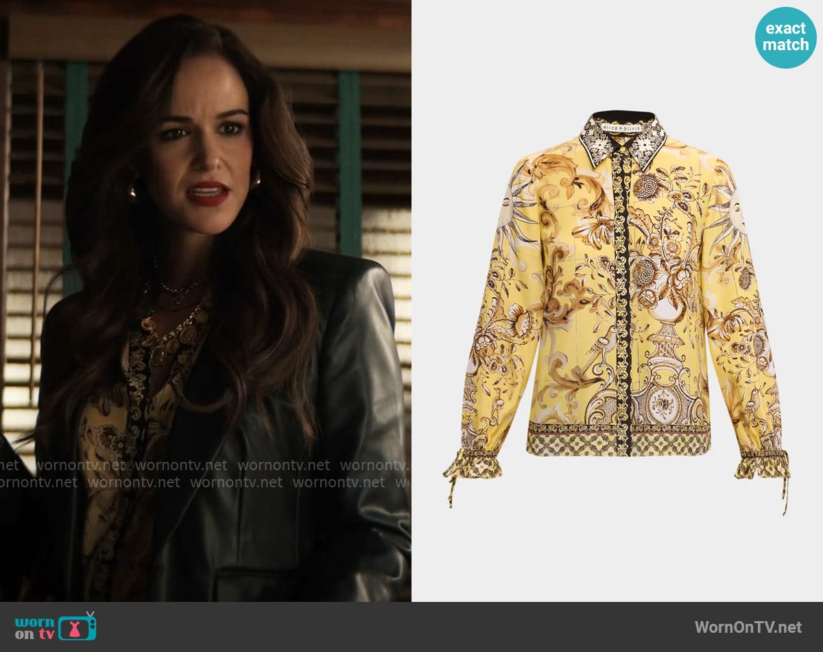 Alice + Olivia Willa Shirt in Lisboa Lemon Meringue worn by Birdie (Melissa Fumero) on Grosse Pointe Garden Society