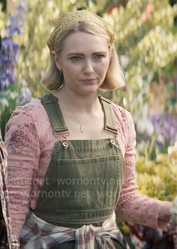 Alice’s pink floral top and green overalls on Grosse Pointe Garden Society
