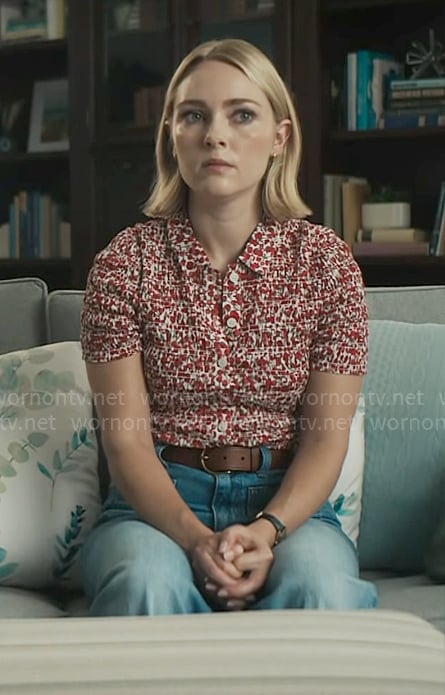 Alice’s red floral button down top and wide leg jeans on Grosse Pointe Garden Society