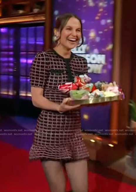 Alicia Vikander’s tweed check mini dress on The Kelly Clarkson Show