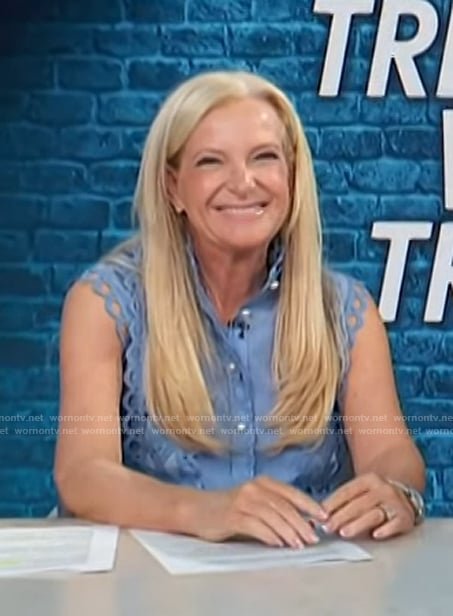 Alison Triessl’s blue lace trim dress on Access Hollywood