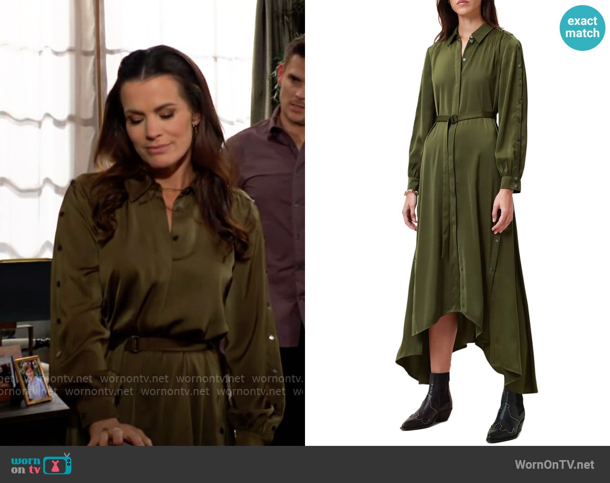 All Saints Lexi Dress in Rifle Green worn by Chelsea Lawson (Melissa Claire Egan) on The Young and the Restless