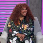Amber Riley’s black floral print shirt and pants on Access Hollywood