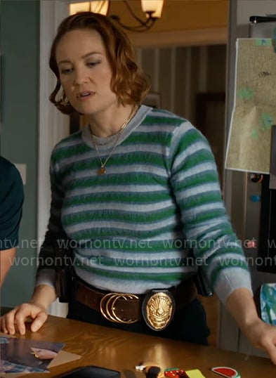 Angie’s blue and green striped fluffy sweater on Will Trent