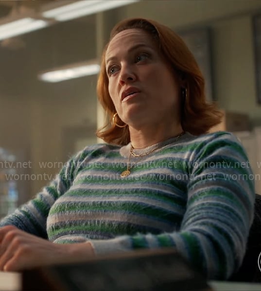 Angie’s blue and green striped fluffy sweater on Will Trent