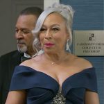 Anita’s navy blue off-shoulder gown on Beyond the Gates
