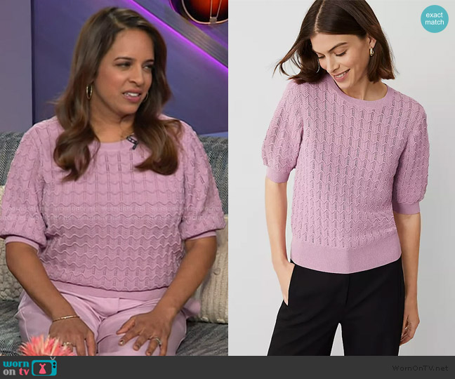 Ann Taylor Wavy Stitch Wedge Sweater worn by Seema Aghera on The Kelly Clarkson Show