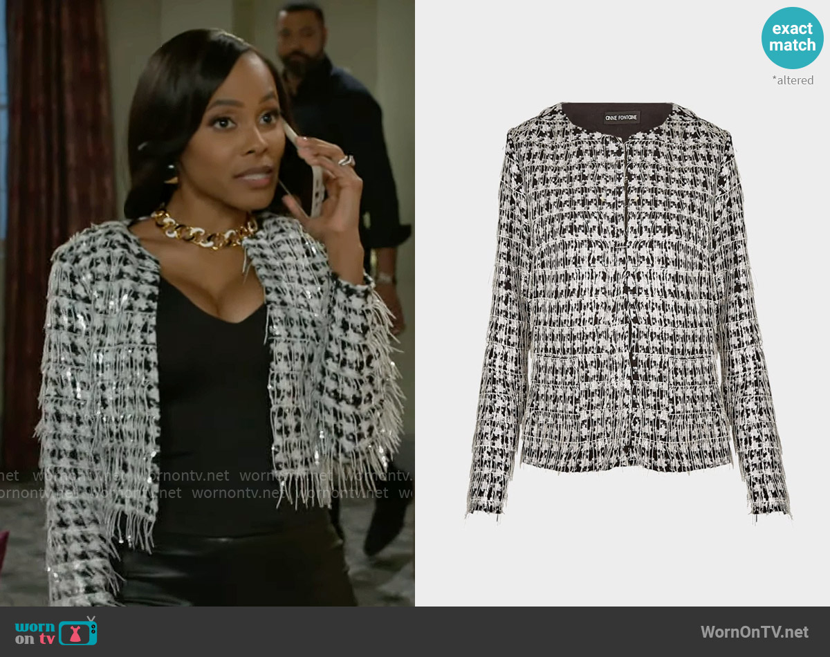 Anne Fontaine Abigail Open-Front Sequin Fringe Jacket worn by Hayley Lawson (Marquita Goings) on Beyond the Gates