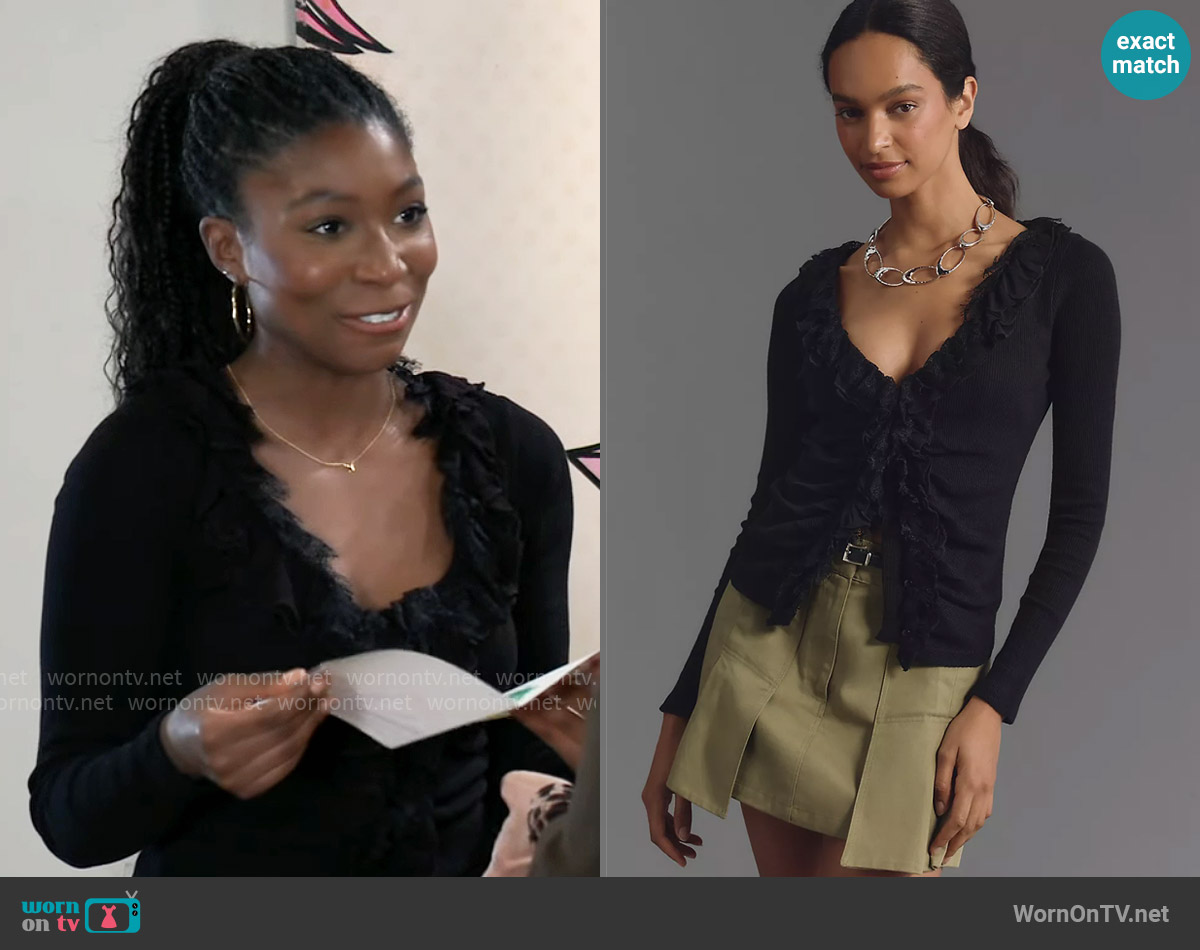 By Anthropologie Ruffled Cardigan Top worn by Trina Robinson (Tabyana Ali) on General Hospital