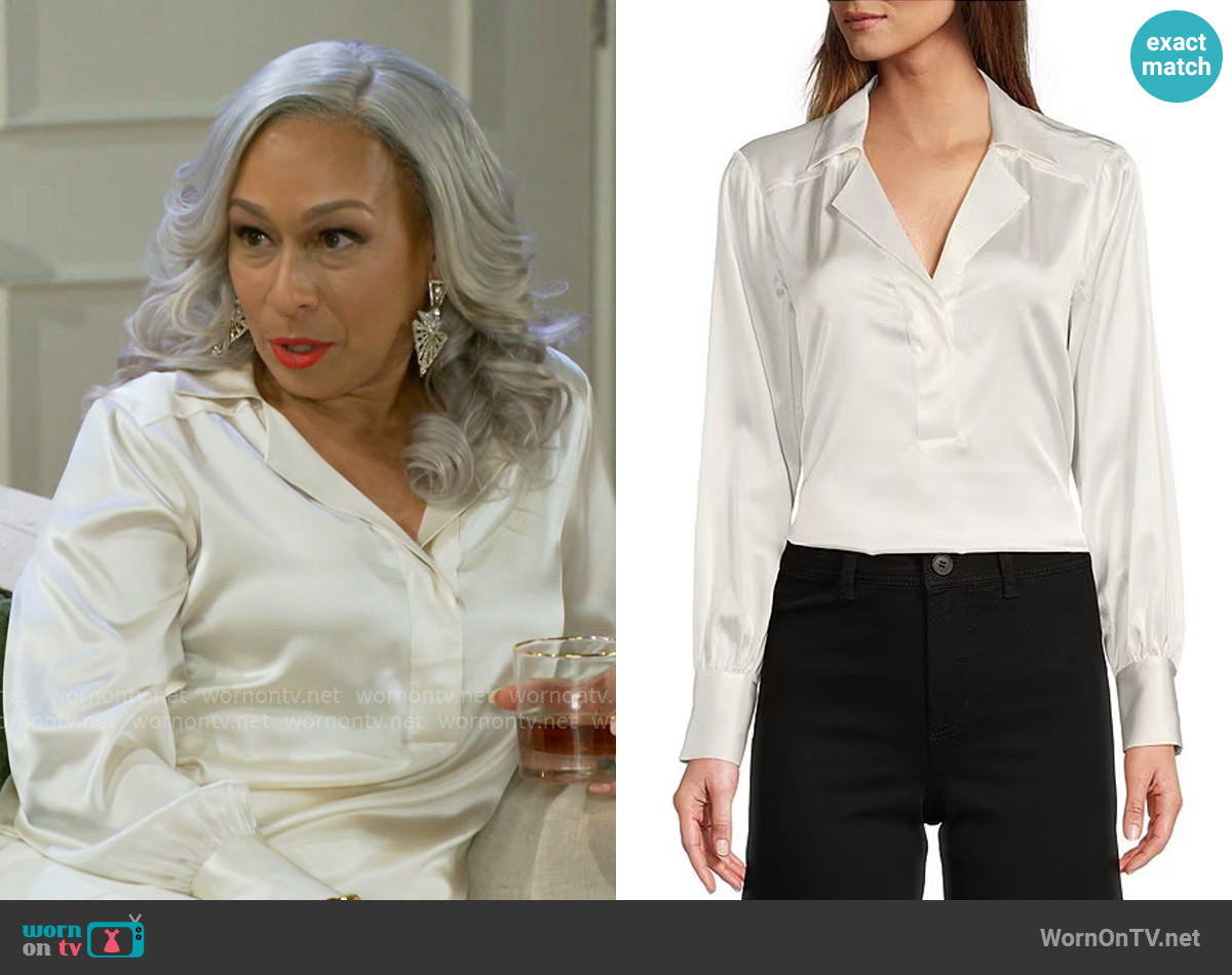 Antonio Melani Violet Silk Notch Collar V-Neck Long Blouson Sleeve Blouse in Ivory worn by Anita Dupree (Tamara Tunie) on Beyond the Gates