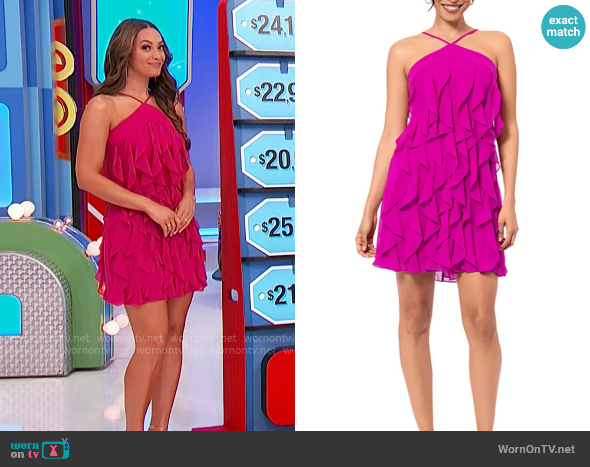 Aqua Corkscrew Ruffle Halter Mini Dress worn by Manuela Arbeláez on The Price is Right