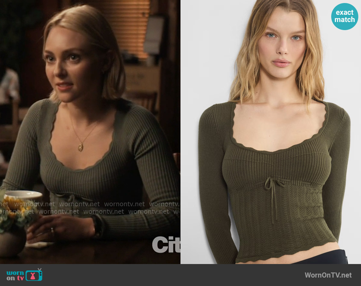 Wilfred Soloist Sweater in Dark Olive worn by Alice (AnnaSophia Robb) on Grosse Pointe Garden Society