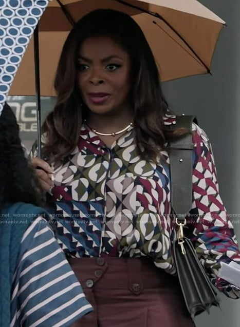 Ava’s geometric print blouse on Abbott Elementary