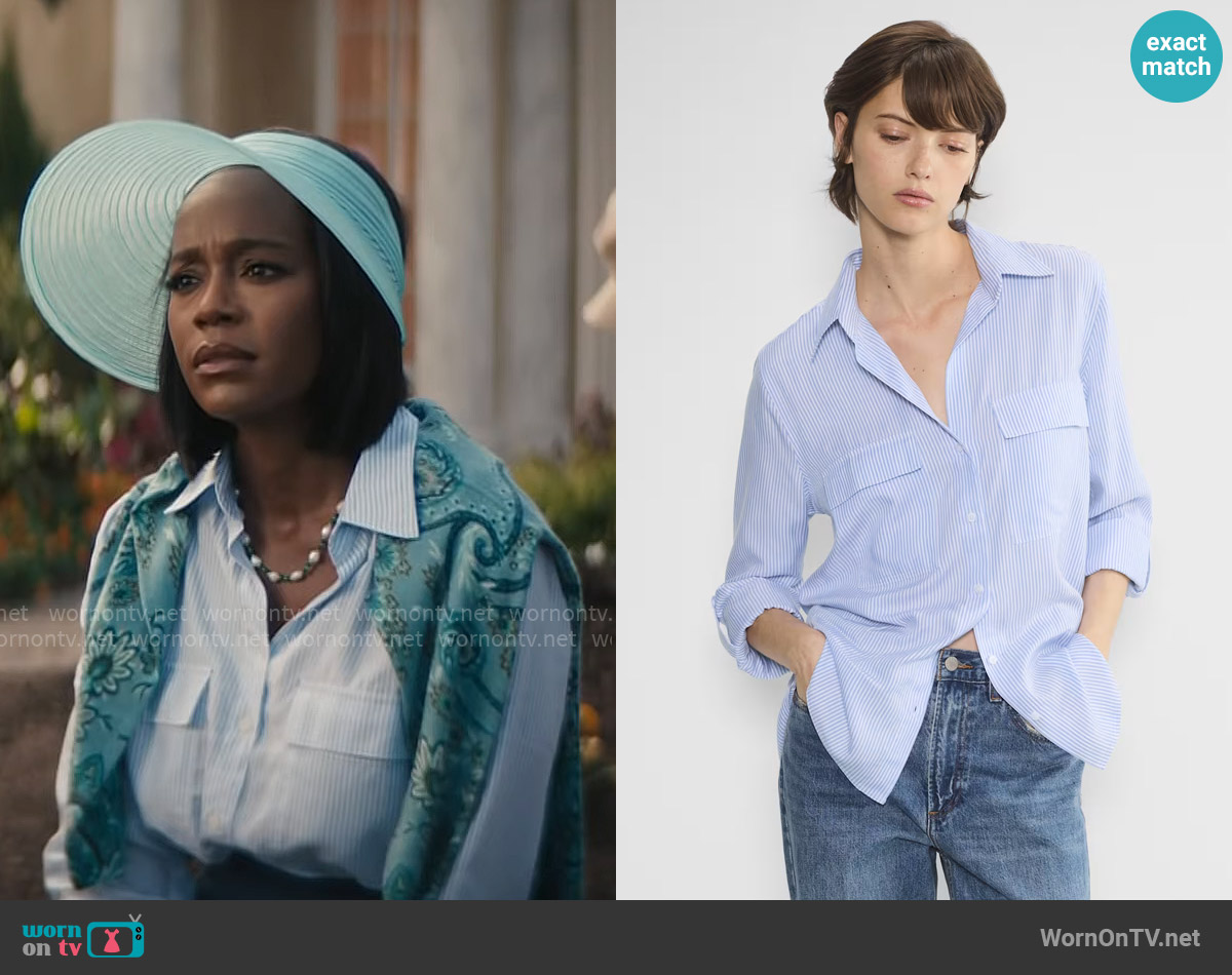 Babaton Utility Shirt in wlsn strp crfl bl/wh worn by Catherine (Aja Naomi King) on Grosse Pointe Garden Society