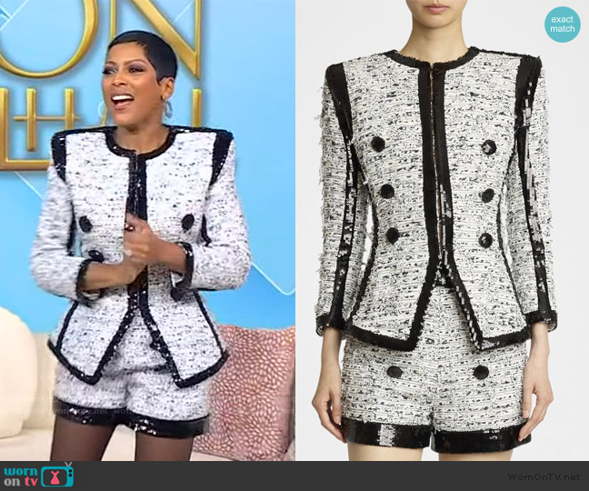 Balmain Collarless Raw-Edge Sequined Blazer worn by Tamron Hall on Tamron Hall Show