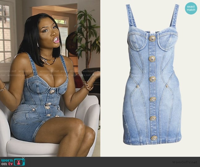 Balmain Button-embellished denim minidress worn by Brit Eady on The Real Housewives of Atlanta