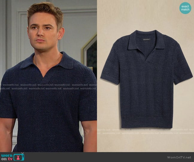 Banana Republic Giorgio Linen-Cotton Sweater Polo in sailor navy blue worn by Johnny DiMera (Carson Boatman) on Days of our Lives