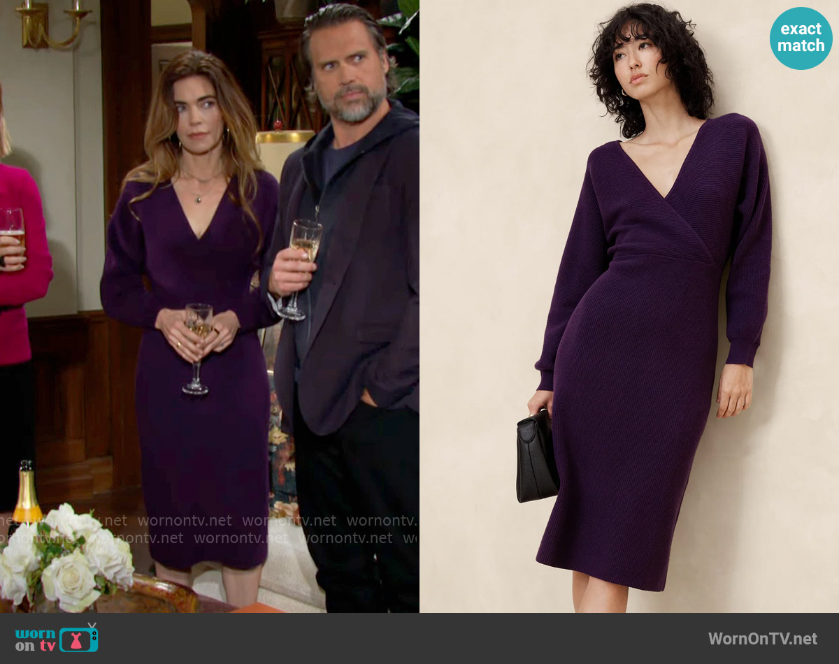 Banana Republic Overlap Neck Midi Sweater Dress worn by Victoria Newman (Amelia Heinle) on The Young and the Restless