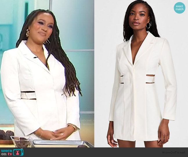 Maya Christian Long-Sleeve Buckle Blazer Dress in Ivory Cloud worn by Maya Christian on Sherri