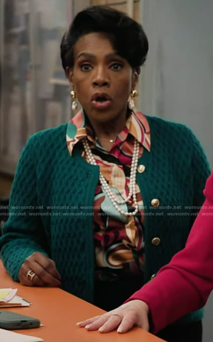 Barbara’s teal knit cardigan on Abbott Elementary