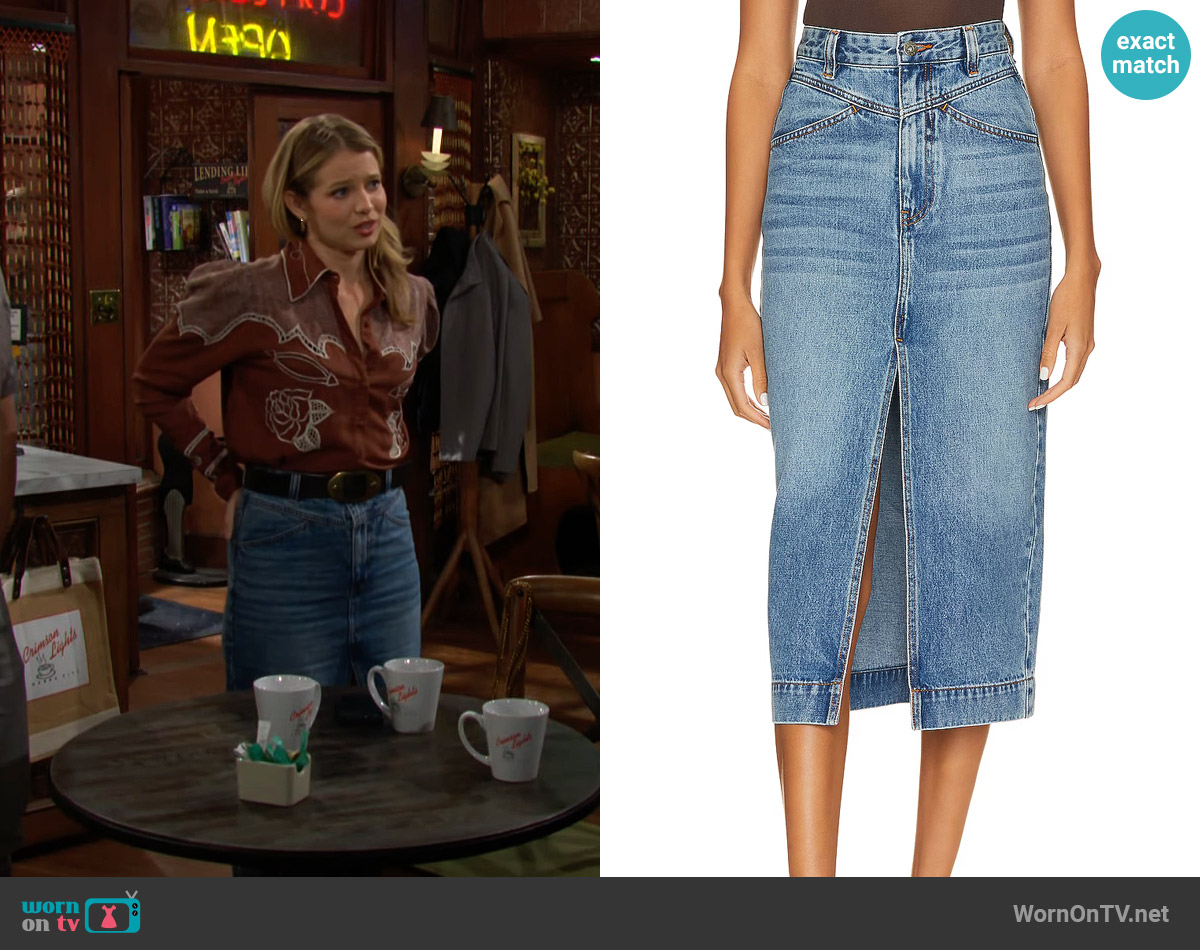 Bardot Jonah Midi Denim Skirt worn by Summer Newman (Allison Lanier) on The Young and the Restless
