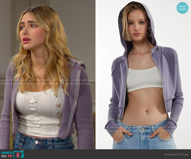 BDG Leah Waffle Knit Zip-Up Hoodie Sweatshirt in Purple Sage worn by Holly Jonas (Ashley Puzemis) on Days of our Lives
