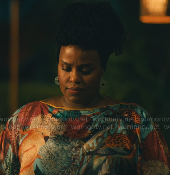 Belinda’s bird print kaftan dress on The White Lotus