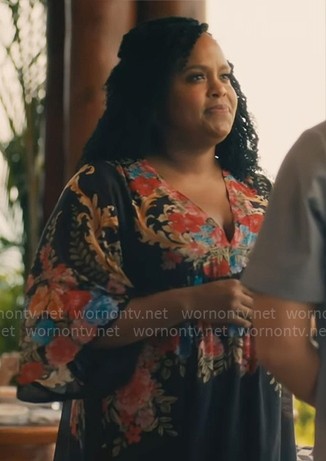 Belinda’s black floral v-neck dress on The White Lotus