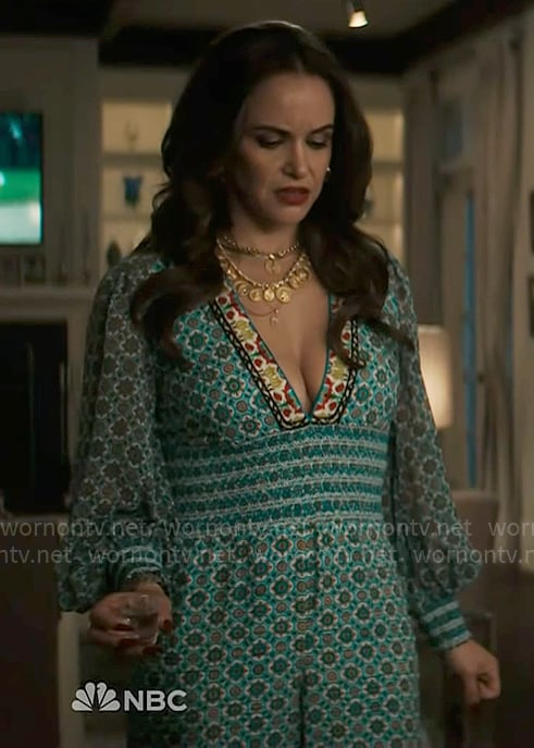 Birdie’s blue printed v-neck jumpsuit on Grosse Pointe Garden Society