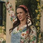 Birdie’s floral shirt and printed denim overalls on Grosse Pointe Garden Society