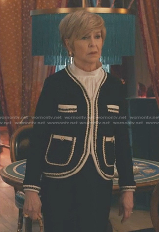 Phyllis’s black contrast trim knit jacket on Elsbeth