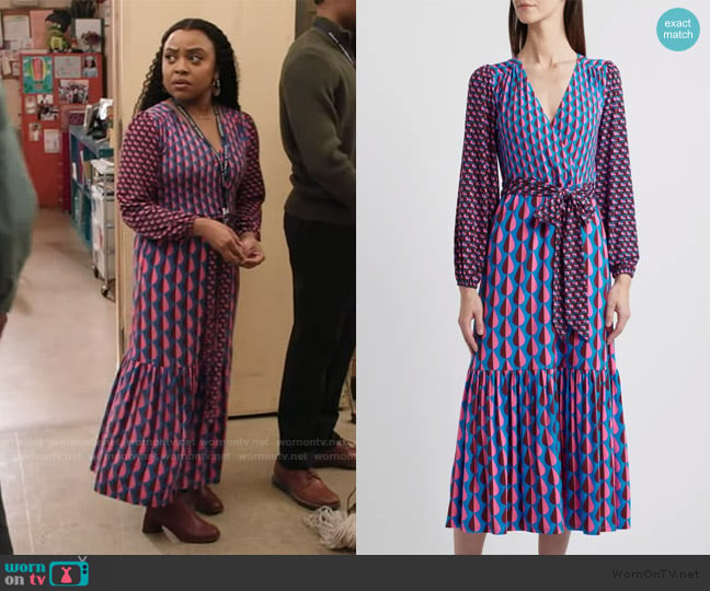 Boden Ophelia Mix Print Long Sleeve Faux Wrap Dress worn by Janine Teagues (Quinta Brunson) on Abbott Elementary