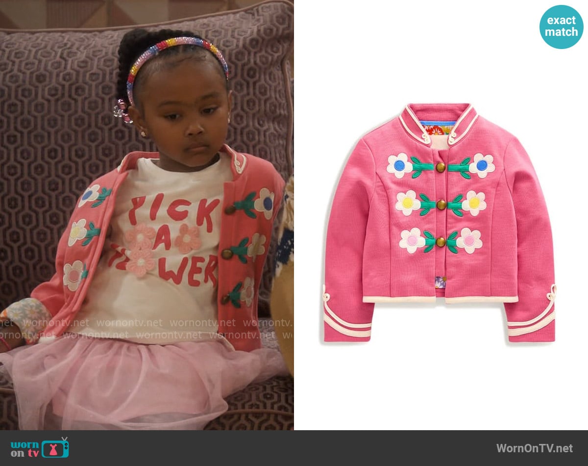 Boden Floral Appliqué Knit Military Jacket Rose Pink worn by Maya (River Blossom) on Poppas House