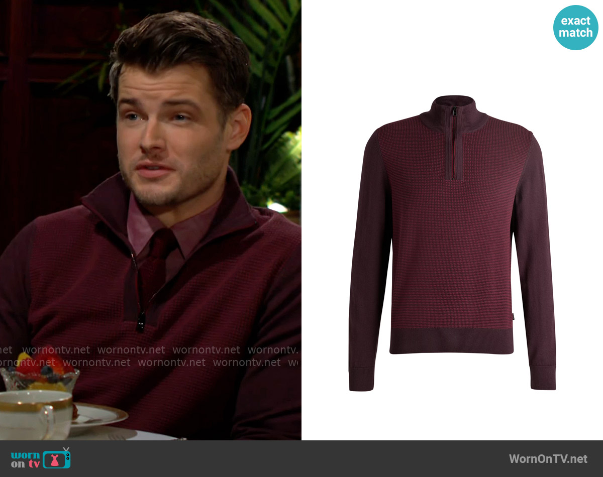 BOSS Zip-neck sweater with mixed structures worn by Kyle Abbott (Michael Mealor) on The Young and the Restless